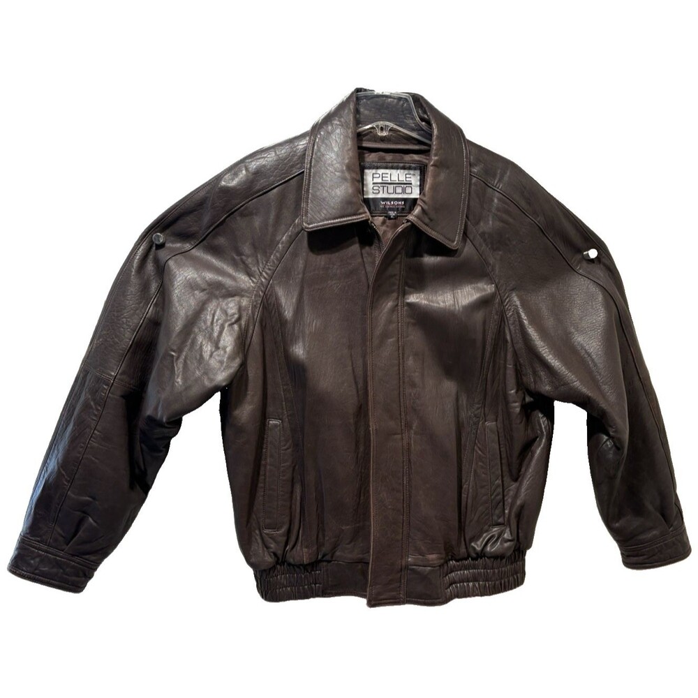 Wilsons Pelle Studio Mens XL Brown Genuine Leather Bomber Jacket Vintage Style